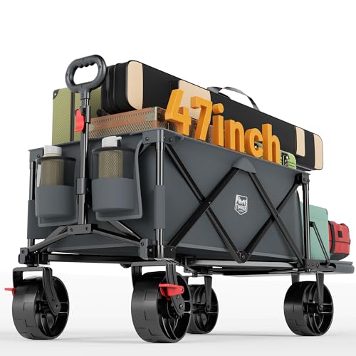 TIMBER RIDGE 47" L Collapsible Wagon with Tailgate & Brake, 300 lbs Heavy Duty Beach Wagon with All-Terrain Big Wheels, 250L Foldable Utility Cart for Sand Camping Sports Shopping, Grey - color: Gray