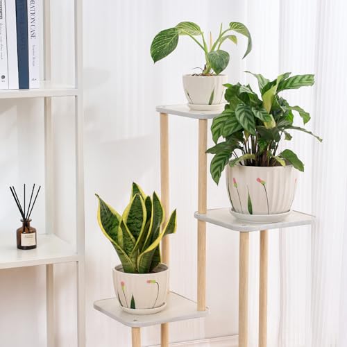 STHIE 4/5/6 Inches White Ceramic Plant Pots with Drainage Holes and Saucer - color: White Floral-big Size