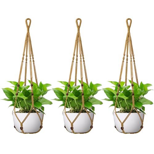 USLAI Macrame Plant Hanger, for Up to 15 Inch Pots, 35 Inch, Brown, 3 Pack - color: 35+35+35 Inch - Brown