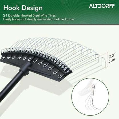Altdorff Thatch Rake with Thin Hook Design Glides, Dethatcher Rake for Lawns with 66.9’’ Steel Handle, Dethatching Thatching Rake for Pine Needles, Dead Grass, Garden Debris