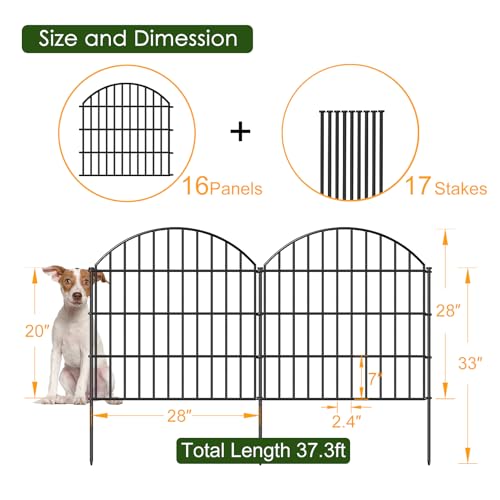 Metal Garden Fence 28 in x 37.3 ft, Dog Fence Outdoor for Yard - size: 28"Hx37.3ft (16Panels)