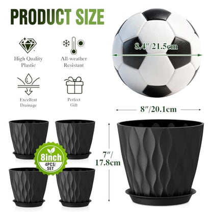 8 Inch Plant Pots 4 Pack Plastic Planters with Drainage & Saucers - color: Black