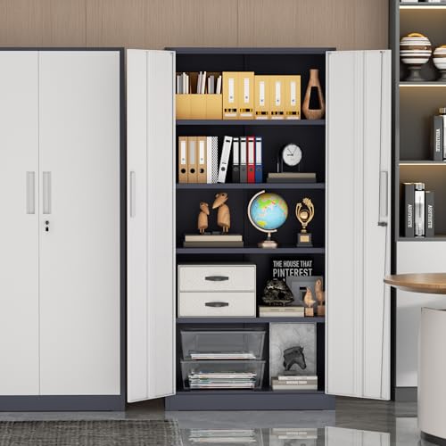 Incbruce 72” Metal Storage Cabinet, Garage Cabinets and Storage System with Doors and Shelves, Tall Lockable Tool Cabinet for Garage, Office, Home (Grey White) - color: Grey White, size: 72"Storage Cabinet