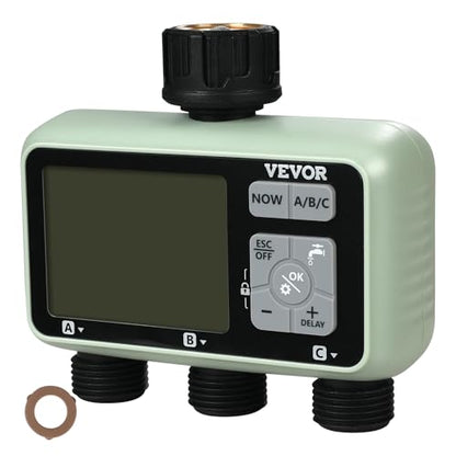 VEVOR Water Timer, 3 Outlets, Hose Watering Sprinkler Timer, with 3 Independent Watering Zone LCD Display Rain Delay Mode Manual Mode 360° Brass Inlet Metal Filter, IPX6 Waterproof for Yard Watering - style: 3 Outlet with LCD Display