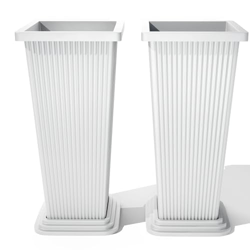 FENCY Set of 2 Tall Planters for Outdoor Plants, White Ribbed - color: White-square Ribbed
