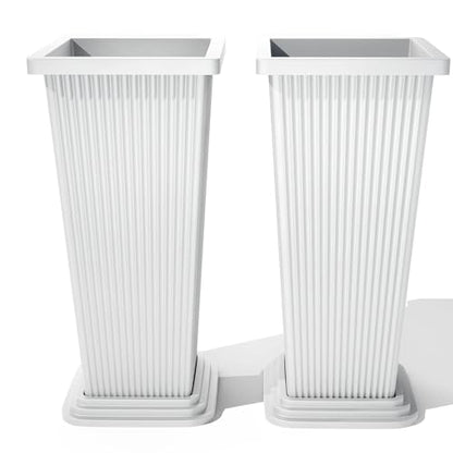 FENCY Set of 2 Tall Planters for Outdoor Plants, White Ribbed - color: White-square Ribbed