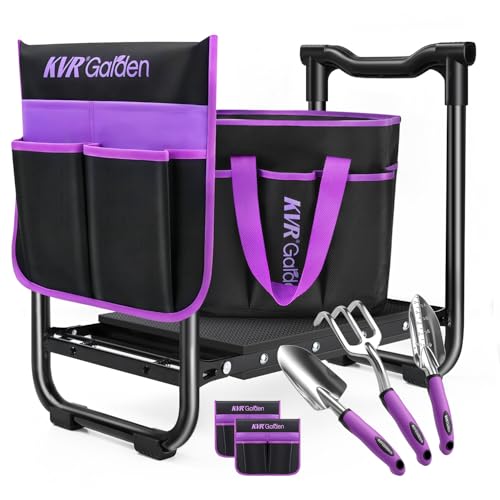 Garden Stool & Kneeler 7-Piece Set with 3 Aluminum Tools, Double-Layer Tote Bag & 2 Side Pouches - Foldable Gardening Bench Kit - Ideal Gifts for Women Mom Seniors (Purple) - color: Purple