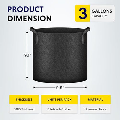 iPower Plant Grow Bag 3 Gallon 6-Pack Heavy Duty Fabric Pots, 300g Thick Nonwoven Fabric Containers Aeration with Nylon Handles, for Planting Vegetables, Fruits, Flowers, Black 2024 Version - color: Black, size: 6pack