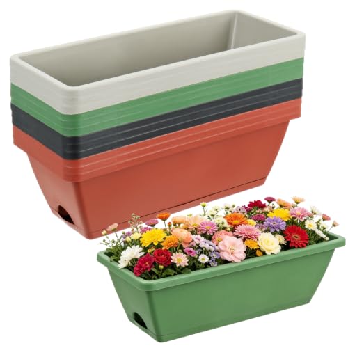 12 Pack Window Box Planter Rectangular Vegetable Flower Planters with Drainage Holes Saucers Plastic Flower Pots Planter for Indoor Outdoor Patio Garden Decor