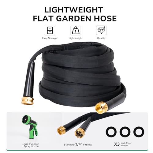 Lightweight Flat Garden Hose 50 FT, 3/4" GHT Flexible Water Hose with Spray Nozzle, Durable 800D Fabric, Kink Free Design, Portable Garden Hose for Lawn, Yard, Car Wash