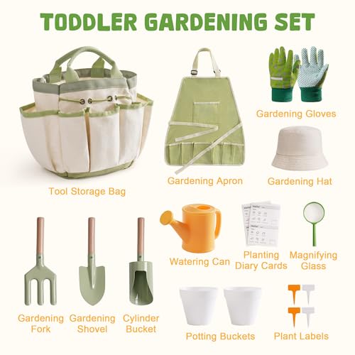 ROBOTIME Kids Gardening Tools, 17 PCS Toddler Gardening Set, Children's Gardening Tools, Metal Kids Gardening Set All in One Kit, Gardening Tools for Kids Outdoor Toys Gift for Boys and Girls - color: Green