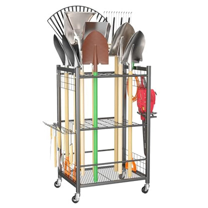 TORACK Garden Tool Stand with Wheels, Rakes Shovels Holder Yard Tools Organizer for Garage, Garden, Shed Indoor/Outdoor Long-Handled Tools Cart(Tool stand) - style: Tool stand