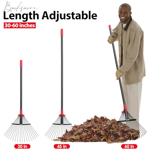 Rake, Adjustable Rakes for Leaves with 9”-17” Head, Rakes for Lawns Heavy Duty, 60 in Garden Rake with 18 Clog-Free Tines, Long Handle, Metal Gardening Tool, Fast Cleanup, Easy Carry for Camping - style: 5 FT