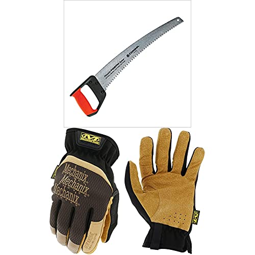 Corona RS 7510D RazorTOOTH Heavy Duty Pruning Curved Blade Trimming Saw for Hand Cutting Tree Limbs and Branches, 18" + Mechanix Wear: DuraHide FastFit Leather Work Gloves (Small, Brown/Black)