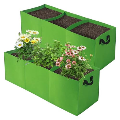 2 Pack Plant Grow Bags, 3 Divided Grids Fabric Raised Planting Bed Rectangle Raised Vegetable Planter Garden Planting Grow Pot Outdoor Planter Box for Vegetables, Flowers, Plants (Green, 120x40x40cm)