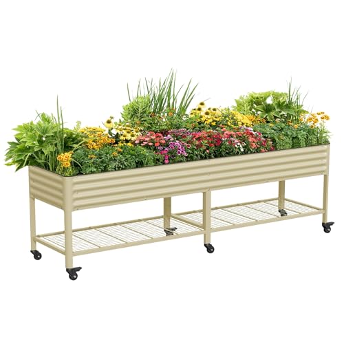 Vego garden Rolling Elevated Raised Garden Bed, 2.5' x 10' Outdoor Planters Boxes with Legs & Storage Rack for Patio, 2000+ Lbs Weight Capacity, Raised Beds for Gardening, Pearl White - color: Pearl White, size: 2.5' x 10'