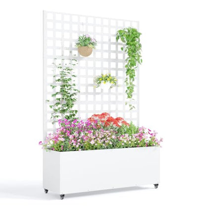 Garvee Metal Planter Box with Trellis and Wheels 71"x47"x16", Drainage Hole - color: Grid - White, size: with wheels