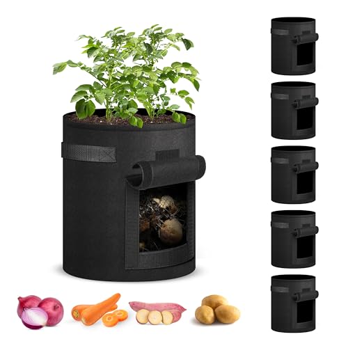 iPower 5-Pack 7-Gallon Potato Grow Bags Planter Pots with Handle, Access Flap and Visual Window, Easy to Harvest, Thickened Non-Woven Aeration Fabric Container for Tomato, Carrot, Fruits, Vegetables - size: 7 Gallon