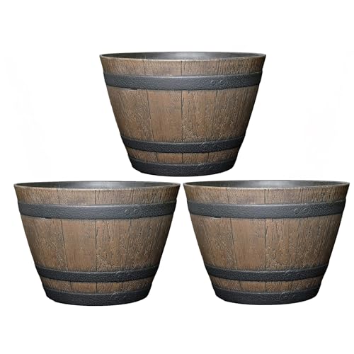 Classic Home and Garden Whiskey Plastic Resin Flower Pot Barrel Planter, Walnut Brown, 20.5" (Pack of 3) - color: Kentucky Walnut Brown, size: 20.5 Inch (Pack of 3), style: Rustic