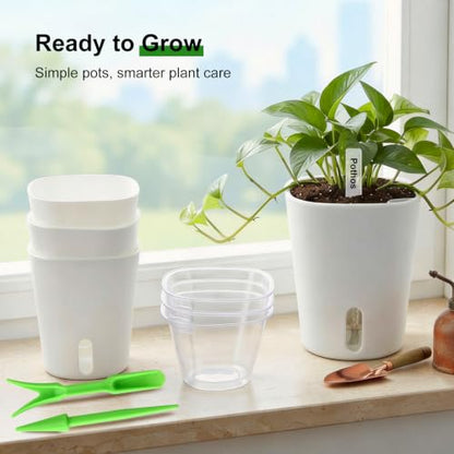 4" Self Watering Pots for Indoor Plants, 8 Pack Clear Plant Pots with Drainage, Plastic Nursery pots for Cuttings, Seedlings, Herb, African Violet, Water Level Indicator (8, 4") - size: 4"