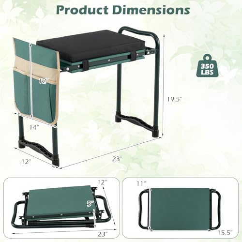 Goplus Foldable Garden Kneeler and Seat, 11" Wide 2-in-1 Gardening Bench, Detachable Thick EVA Foam Pad, 350 lbs Heavy-Duty Metal Frame, Tool Pouch, Portable Stool, Gardening Kit for Seniors (Green) - color: Green, style: With Kneeling Pad
