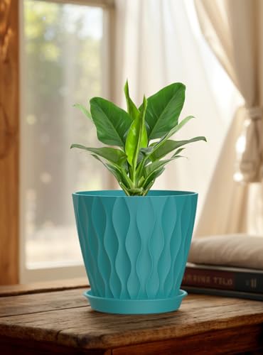 Set of 6 Plant Pots 4 inch Pots, Plastic Planters with Drainage Holes and Saucers,Plastic Flower Pots,Nursery Planting Pot for Indoor Out Door Plants（Blue） - color: Blue