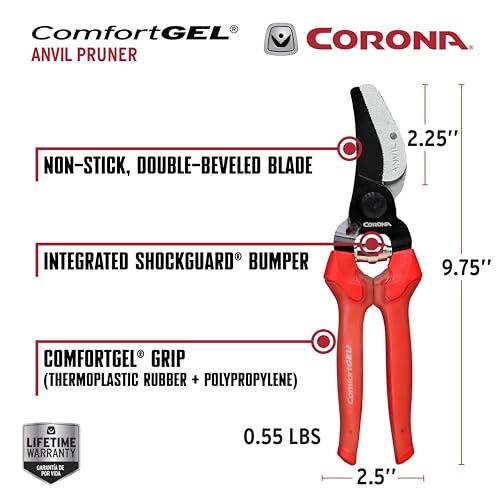 Corona AP 3334 Non-stick Steel ComfortGEL Anvil Hand Pruner - 3/4 inch Cut Capacity Stem and Branch Garden Shears, Red