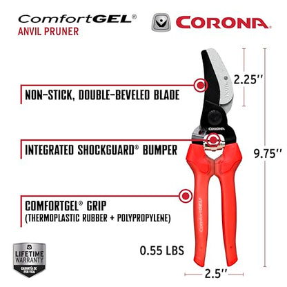 Corona AP 3334 Non-stick Steel ComfortGEL Anvil Hand Pruner - 3/4 inch Cut Capacity Stem and Branch Garden Shears, Red