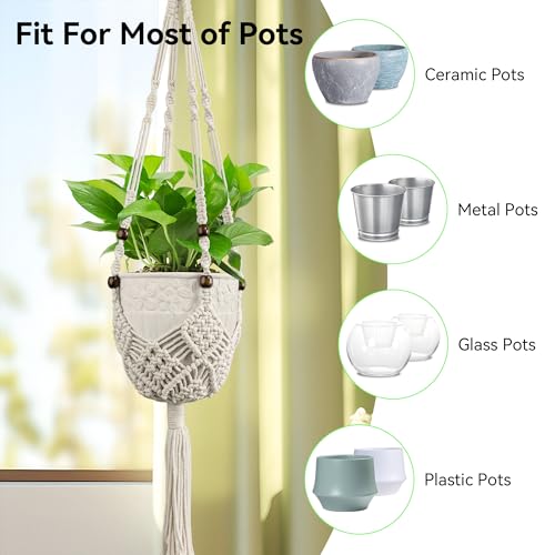 USLAI Macrame Plant Hanger, for Up to 6.5 Inch Pots, 35 Inch, White, 2 Pack - color: 35+35 Inch - White