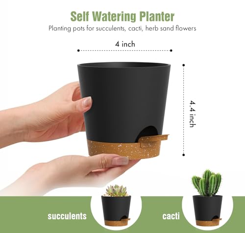 WSMKSZ 4 inch Self Watering Pots for Indoor Outdoor Plants, 6 Pack Plastic Flower Planters with Drainage Holes and Removable Saucers, Plant Pots with Wicking Rope, Modern Decor, Black Brown - color: Black Brown, size: 4inch 6pcs