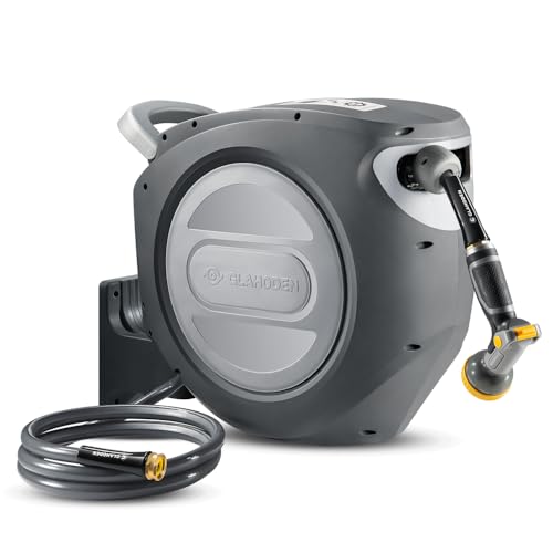 GLAHODEN Retractable Garden Hose Reel 1/2 in x 85 ft Upgraded UV Resistant Heavy Duty Automatic Hose Reel Wall Mount 3/4 in Brass Fitting 9 Pattern Nozzle Any Length Lock Slow Retraction - size: 1/2" 85FT