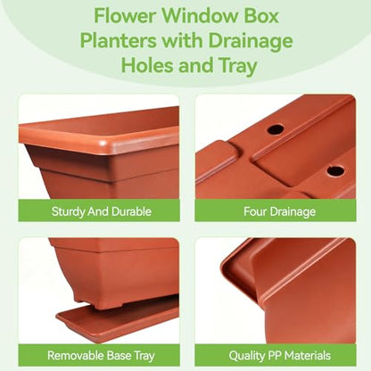6 Pcs 31 inch Window Box Planter, Large Rectangular Plastic Flower Pot with Tray, Suitable for Indoor & Outdoor Gardens, Balcony and Home Decor (6)