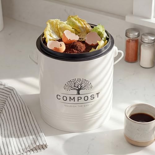 Perfnique 1.3 Gal Kitchen Compost Bin with Lid, Countertop Compost Caddy - color: cream, style: without bags