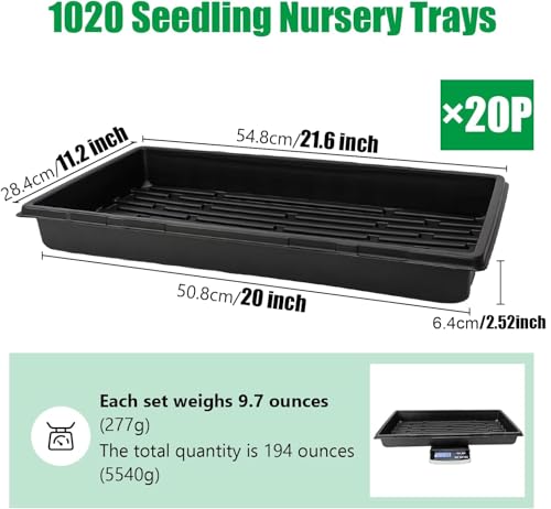 RooTrimmer 20 Pack 1020 Trays, No Drain Holes, 20" x 10", Extra Thick Heavy Duty Seed Starting Trays -Reusable Propagation Flats for Microgreens, Seedlings, Plant Germination, Fodder and Transplant - size: 1020 - 20 Pack Without Holes