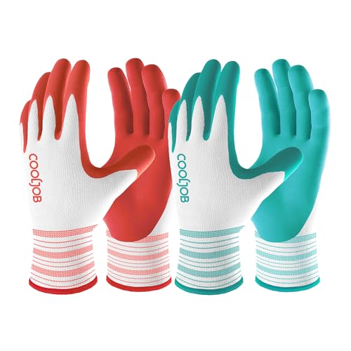 COOLJOB 2 Pairs Gardening Gloves for Women, Breathable Rubber Coated, L - color: Bright Red, Mint Green, size: Large (Pack of 2)