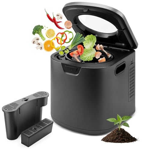 NutriChef 4 Quart Electric Kitchen Composter | Smart Countertop Composter Includes 2 Odorless Carbon Filters | Electric Compost Bin for Indoor Use | 3 Volume Based Modes Small, Medium & Large | Gray - color: Black