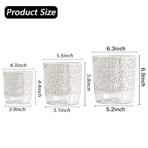 3 Pack 4.3+5.5+6.3 Inch Self Watering Pots Set, Self Watering Planter with Reservoir and Wick Rope for Indoor/Outdoor Plants, Modern Houseplants Pots for African Violets,Cactus,Herbs,Succulents