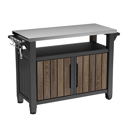 Keter Unity XL Outdoor Entertainment Cart with Wood‑Look Finish, 78‑Gallon Patio Storage Cabinet, Food Prep Station, Stainless‑Steel Top for BBQ, Grill, Patio, Deck & Backyard, Walnut - color: Walnut