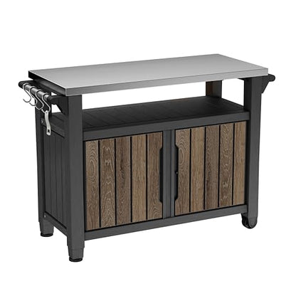 Keter Unity XL Outdoor Entertainment Cart with Wood‑Look Finish, 78‑Gallon Patio Storage Cabinet, Food Prep Station, Stainless‑Steel Top for BBQ, Grill, Patio, Deck & Backyard, Walnut - color: Walnut