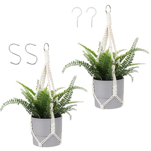 Larrel Macrame Plant Hanger, 2PCS Plant Hangers Indoor Hanging Planter Basket with 2 Hooks Wood Beads Decorative Flower Pot Holder for Indoor Outdoor Boho Home Decor