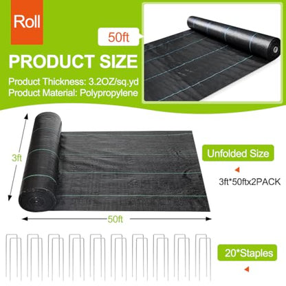 Weed Barrier Fabric 3ft x 50ft (2 Pack), 3.2oz Heavy Duty Landscape Fabric with 20 U-Shaped Stakes, Commercial Grade Weed Control for Garden, Lawn, Flower Bed - size: 3X50X2Pack+20Pegs