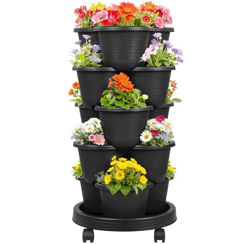 VECELO 5 Tier Vertical Garden Planter, Self Watering Stackable Planters with Wheels for Strawberries, Herbs, Flowers, Vegetables, Black - color: Black, size: 5 Tier