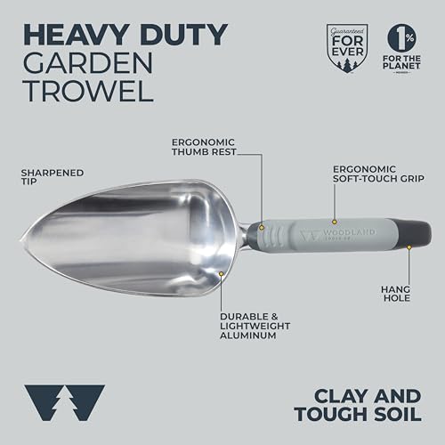 Woodland Tools Heavy Duty Garden Trowel – Full Tang Aluminum Construction, Extra Wide Scoop, Sharpened Point, Ergonomic Cushioned Grip, Rust Resistant Hand Tool for Digging in Clay and Tough Soil - size: Trowel