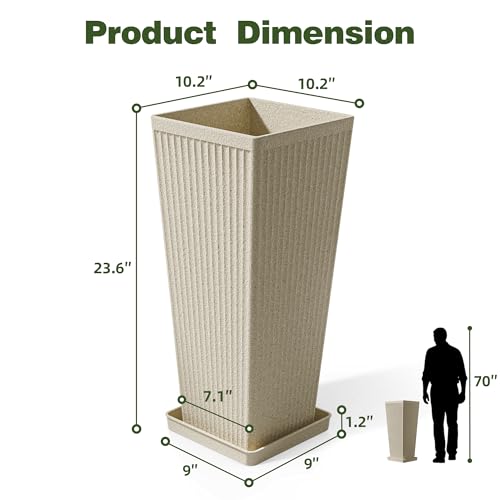 Square Tall Planters for Outdoor Plants with Tray - 24" Beige 2Pack - color: Beige-sandblasting