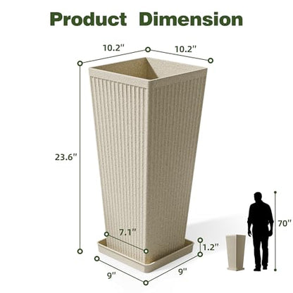 Square Tall Planters for Outdoor Plants with Tray - 24" Beige 2Pack - color: Beige-sandblasting