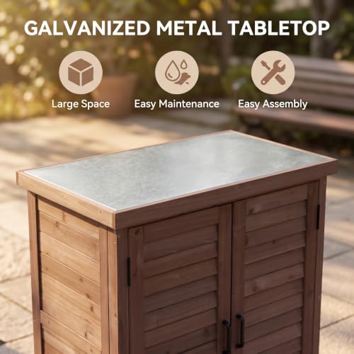 Wood Outdoor Potting Bench Storage Cabinet, Waterproof Metal Top - color: Brown