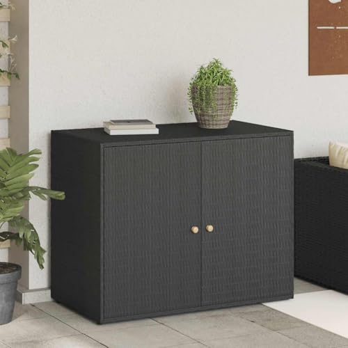 Poly Rattan Garden Storage Cabinet Black, Water Resistant Outdoor Cabinet with Acacia Wood Handles, Powder-Coated Steel Frame, 39.4x21.9x31.5 Inches - color: Black