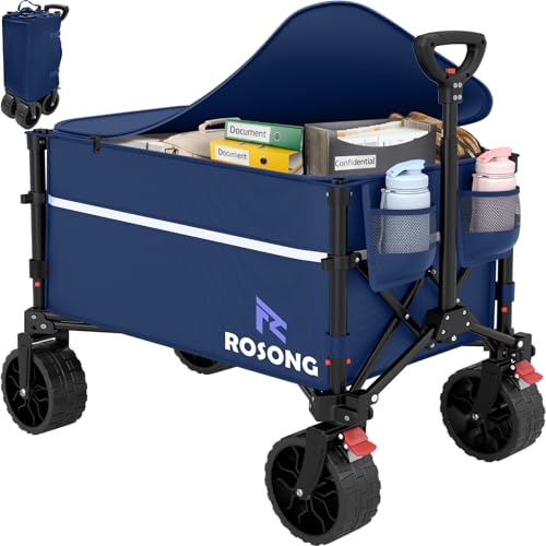 ROSONG Collapsible Wagon Cart with Wheels Foldable - Folding Utility Heavy Duty Wagons Carts for Grocery Sports Garden Shopping Camping Wheelbarrows (120L Dark Blue with Lid) - color: Navy Blue With Cover, size: 120L