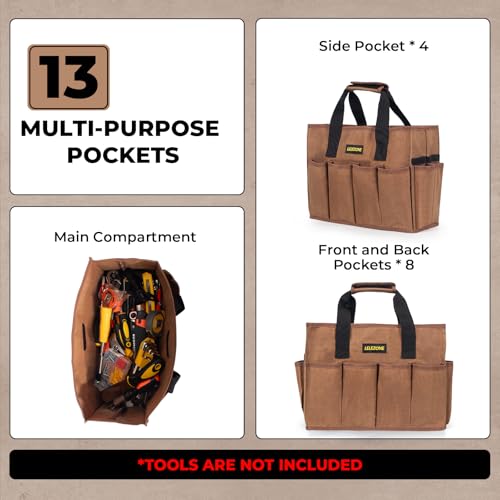 Tool Bag 16 oz. Waxed Canvas Tool Bag Large Capacity Tool Storage Tote comes with a Main Compartment and 12 Exterior Pockets for Wrenches, Scissors, Hammers or a set of Garden Tools and More - Khaki - color: Khaki