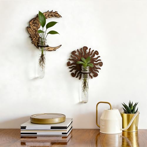 WANDIC 2Pcs Wall Propagation Planters, Sun&Moon Wooden Hanging Propagation Station for Indoor Plants Leaf Shape Plant with 2 Plastic Pipe